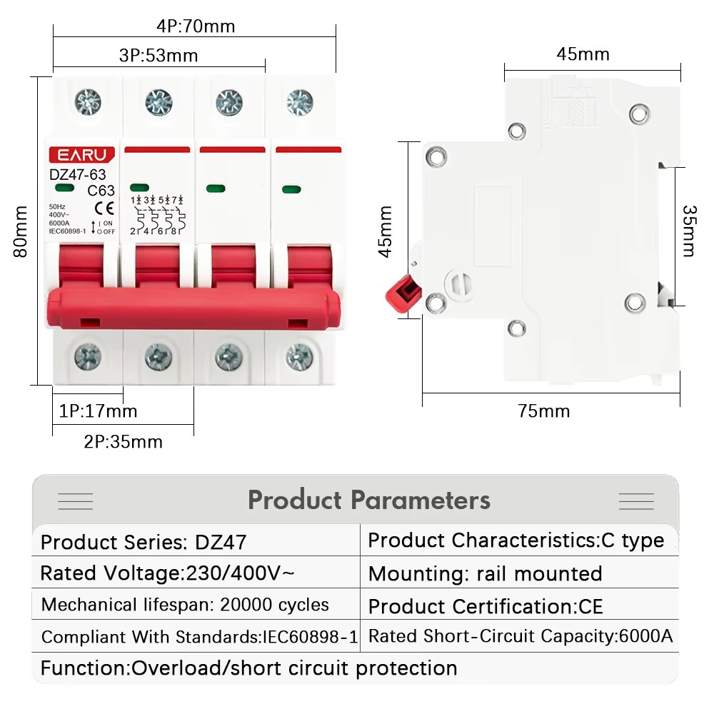 EARU DZ47 1P 2P 3P 4P 3A-63A A - Din Rail Circuit Breaker recension och pris